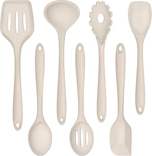 Vista 9 de TeamFar Juego de 7 utensilios de cocina de silicona, herramientas antiadherentes de cocina negras, espátula, cucharón, servidor de pasta