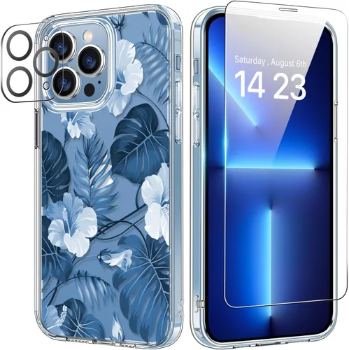 Vista 21 de bicol Funda para iPhone 14 Plus con Protector de Pantalla y Lente de Cámara - Diseños Florales de Moda para Mujeres y Niñas - Funda Transparente