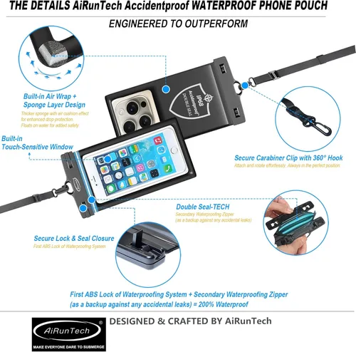 Vista 5 de AiRunTech Funda flotante impermeable para teléfono, funda de doble sellado con protector de cordón para iPhone 17, 16, 15, 14, 13, 12 Pro Max, bolsa