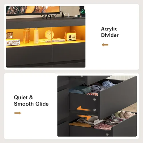 Vista 6 de BTHFST Cómoda de 9 cajones con luces RGB, toma de corriente y estantes abiertos, cómoda de madera de 56.7 pulgadas de ancho, sin asa para sala