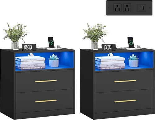 Vista 12 de VASAGLE - Colección MAXE - Mesita de noche con estación de carga, soporte estriado, mesa de noche, mesa auxiliar de estilo moderno de mediados