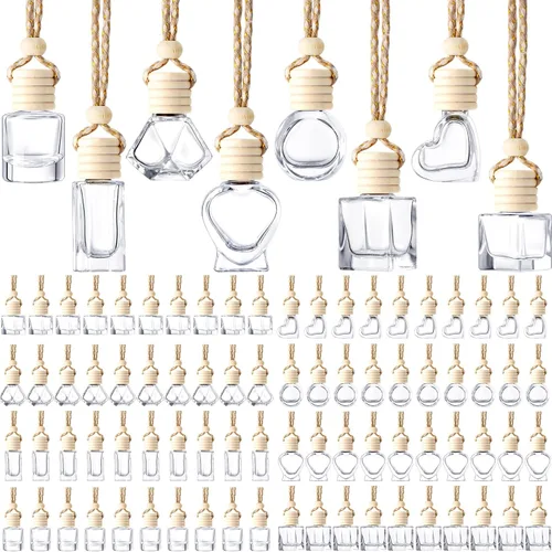 BBTO 120 botellas de difusor de coche colgantes vacías a granel, 8 estilos de botellas de vidrio vacías con tapa de madera para perfume, aceites