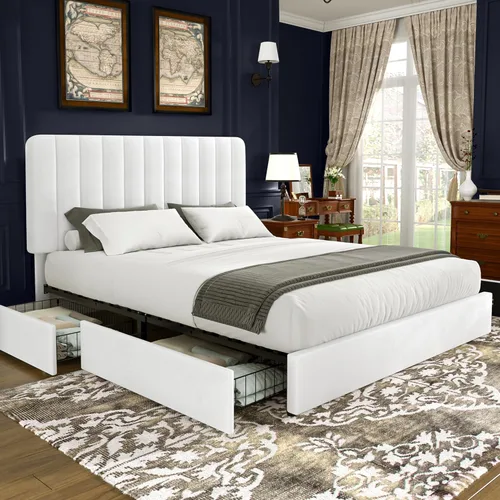 Vista 15 de VECELO Base de cama tapizada de tamaño matrimonial con 4 cajones y cabecero, plataforma de terciopelo, soporte de listones de madera, no necesita