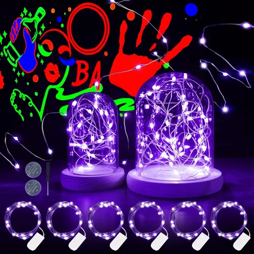 Vista 8 de OMIKA Halloween 3 Pack UV Blacklight Battery String Lights Indoor, 2M 20LED UV Purple Copper Wire Lights for Halloween Christmas, Jar DIY Paper