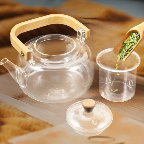 Vista 8 de Tetera de vidrio con infusor, hervidor de té seguro para estufa de 34 onzas para hojas sueltas, teteras de borosilicato para hervir agua, olla