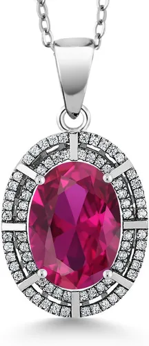 Vista 52 de Gem Stone King Collar con halo de dos filas de 5 a 10 quilates con piedra natal ovalada de 0.55 x 0.39 pulgadas en plata de ley 925 Collar
