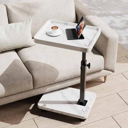 Vista 8 de Mesa C de Extremo Ajustable en Altura, Mesa de Bandeja para TV Giratoria 360° para Espacios Pequeños, Mesas Laterales con Ruedas para Sala de Estar