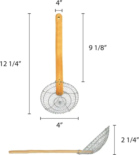 Vista 5 de TrueCraftware - Espumador de malla gruesa de 4 pulgadas de acero galvanizado con mango de bambú natural- Cucharón de araña para freír alimentos