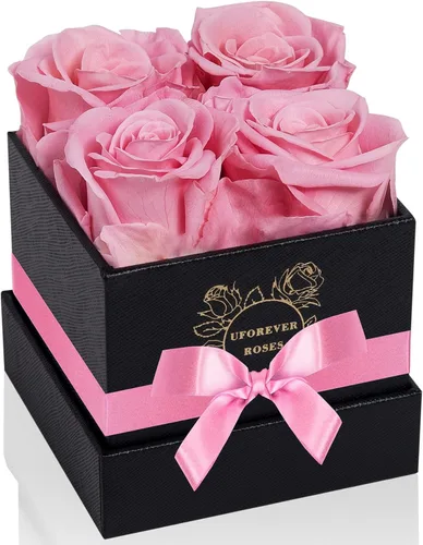 Vista 12 de UFOREVER ROSES Rosas preservadas en caja, 4 piezas, flores preservadas, regalo de rosas para ella, color negro