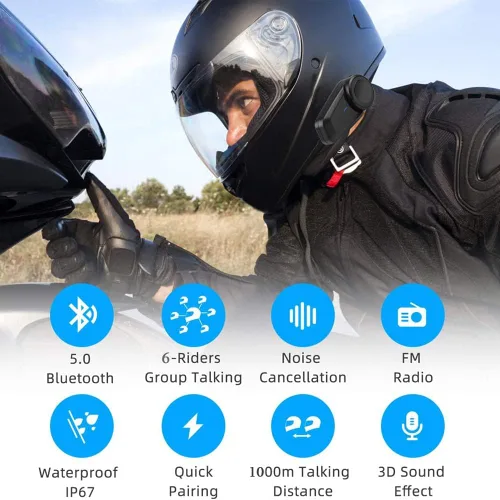 Vista 2 de QSPORTPEAK Intercomunicador de auriculares Bluetooth para casco de motocicleta, M2 dúplex completo inalámbrico para 6 conductores/alcance 3,280.8