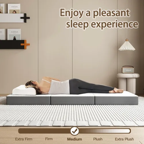 Vista 2 de Colchón de espuma viscoelástica de tres pliegues, plegable individual de 4 pulgadas con fundas lavables, diseño reversible, cubrecolchón plegable