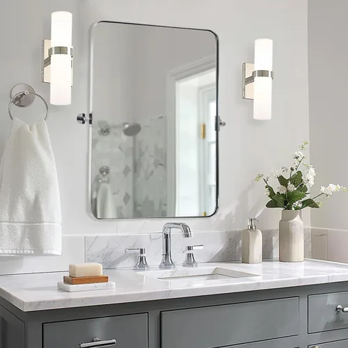 Vista 19 de Espejo giratorio Moon Mirror de oro cepillado, espejo inclinable de latón para tocador rectangular para baño, medidas totales 24.33 x 28 pulgadas