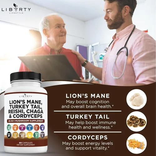 Vista 5 de Liberty Lifestyle Suplemento de Hongo Mane de León con Cola de Turquía, Reishi, Cordyceps, Chaga con Raíz de Malvavisco - 1 Paquete