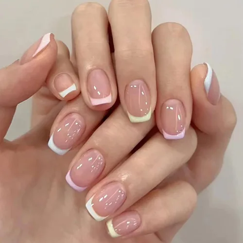 Uñas postizas a presión de punta francesa, uñas postizas cuadradas cortas, coloridas y brillantes, uñas postizas naturales reutilizables, uñas