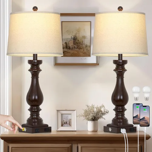 Vista 13 de Juego de 2 lámparas de mesa estilo granja de 29 pulgadas de alto para sala de estar, lámparas retro vintage con puertos USB C+A y salida de CA