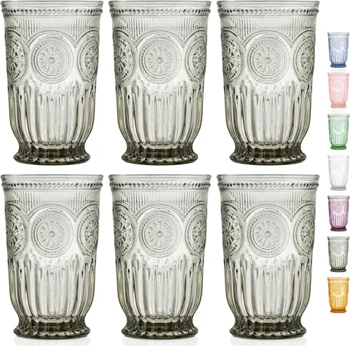 Vista 17 de Juego de vasos de beber ámbar Yungala, conjunto de 6 vasos de vidrio ámbar, vasos pequeños de agua de 8 oz, vasos de hobnail aptos