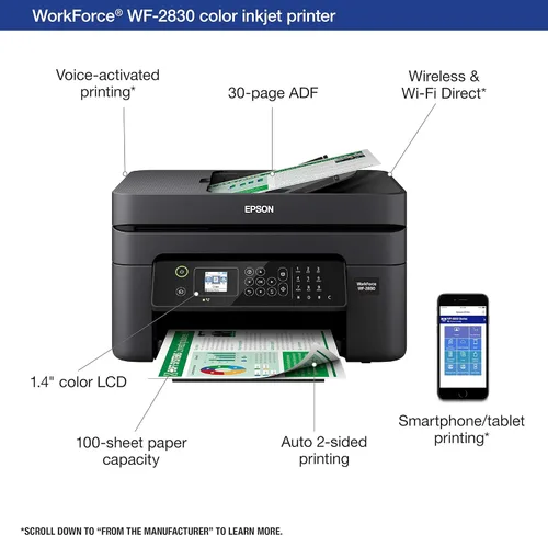 Vista 4 de Epson Workforce WF-2830 Impresora inalámbrica todo en uno de inyección de tinta a color, copia y fax de escaneo de impresión, impresión automática