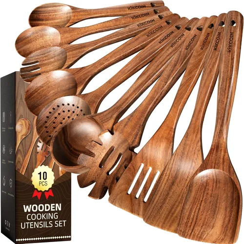Vista 9 de Kikcoin Juego de 7 utensilios de cocina de madera de teca natural duraderos, cucharas de madera no tóxicas para cocinar, juego de utensilios