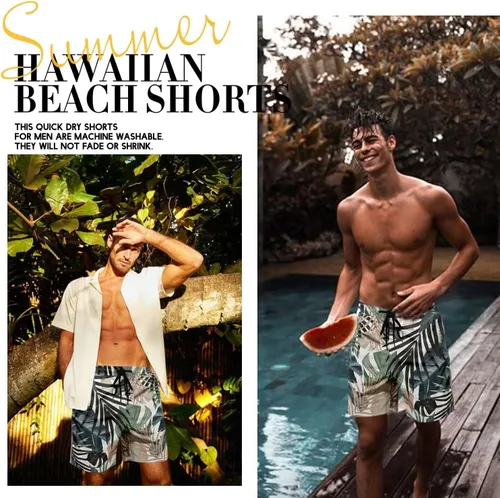 Vista 4 de Traje de baño para hombre estilo hawaiano, con forro de malla, tipo short para playa, con bolsillos