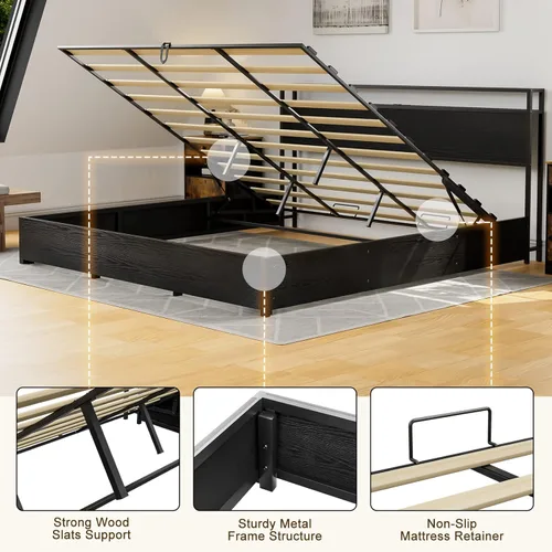 Vista 6 de IKIFLY Cama de almacenamiento elevable tamaño King con estación de carga, marco de cama de metal King con cabecera de estante de almacenamiento