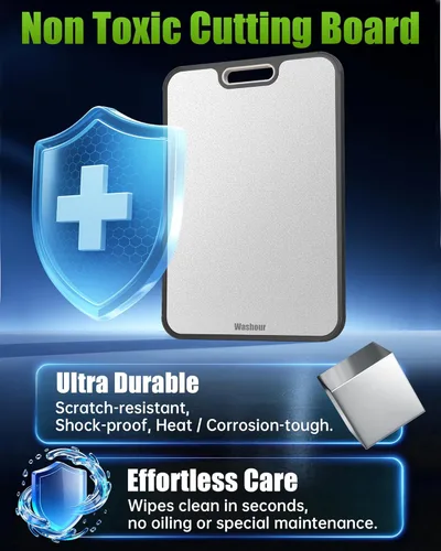 Vista 2 de Tablas de cortar de acero inoxidable para cocina, tabla de cortar 2 en 1 no tóxica de doble cara, tablas de cortar de grado alimenticio para carne