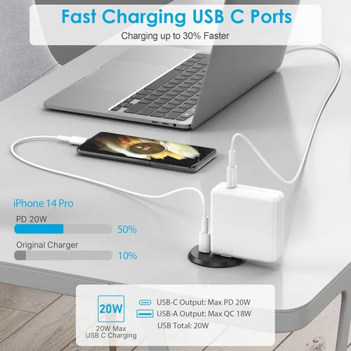 Vista 4 de Ojal de alimentación de escritorio, 2 pulgadas, estación de carga rápida USB C PD de 20 W, salida de alimentación empotrada con orificio