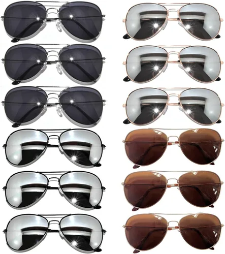 Vista 24 de OWL Paquete de 12 lentes de sol de aviador a granel de metal dorado, plateado, marco negro para hombres y mujeres, gafas de fiesta