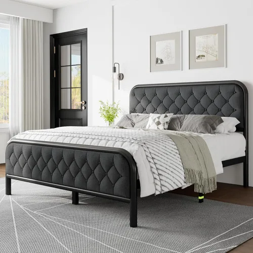 Vista 3 de Feonase Base de cama de tamaño matrimonial con cabecera tapizada de lino, cama de plataforma de metal resistente con espacio de almacenamiento