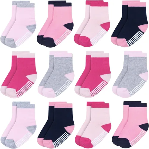 Vista 13 de JAKIDAR Paquete de 12 calcetines de algodón con agarre antideslizante para niños y niñas