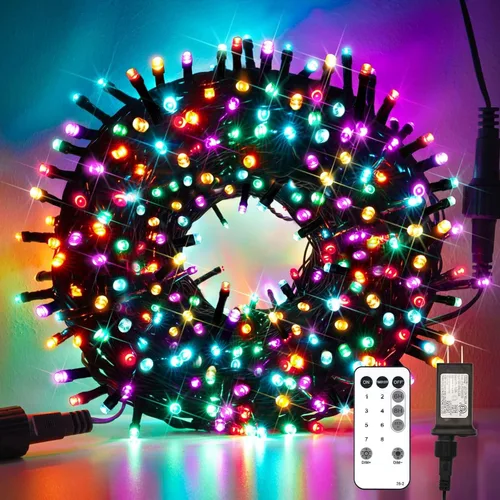 Vista 9 de Suddus luces de Navidad multicolor para árbol, 100 LED con 8 modos parpadeantes con control remoto, luces de Navidad de cuerdas