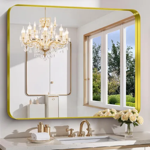 Vista 20 de FORBATH Espejo de baño de 24 x 24 pulgadas para pared, espejos de tocador con marco de metal negro para sobre el fregadero, espejo rectangular