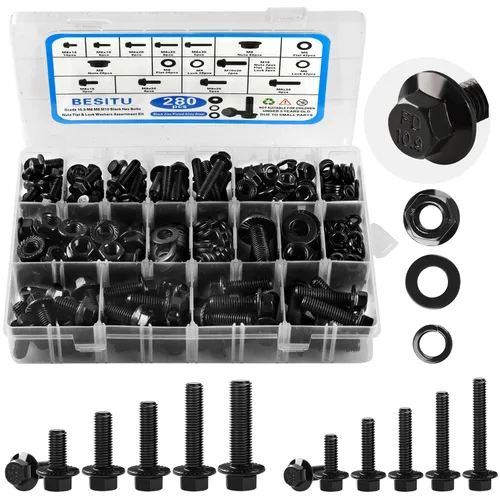 Besitu 280Pcs Surtido de Pernos de Brida Métrica, M6x1.0, M8x1.25, M10x1.5 (12mm a 30mm) Kit de Pernos Hexagonales y Tuercas con Arandelas Diversas