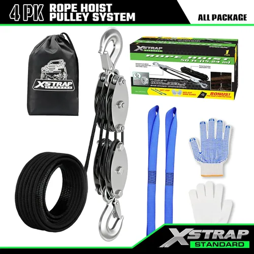 Vista 4 de XSTRAP STANDARD Polipasto de cuerda resistente con resistencia a la rotura de 2,000 LB, 50 pies de cuerda, estructura con rodamientos de ruedas