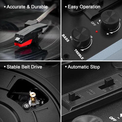 Vista 5 de VINYLS LINK Reproductor de discos de vinilo Bluetooth, tocadiscos de 3 velocidades con altavoces estéreo integrados, tocadiscos portátil de maleta