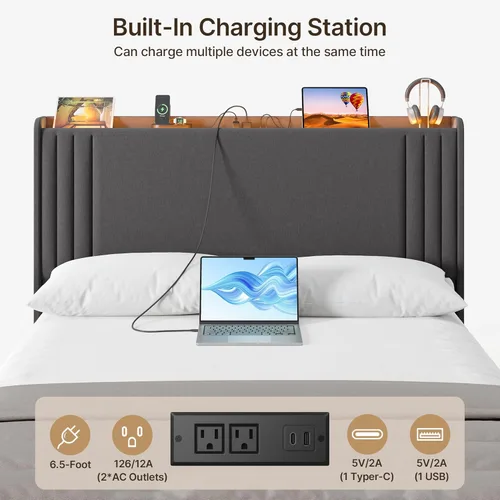 Vista 31 de Gizoon Base de cama matrimonial con cabecera de ala, plataforma tapizada con cabecera geométrica moderna, listones de madera, sin ruido, no necesita