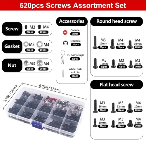 Vista 3 de Kit de herramientas de reparación RC de 524 piezas, tornillos hexagonales M3 M4, tornillos hexagonales, carcasa de tuerca, clips de cuerpo