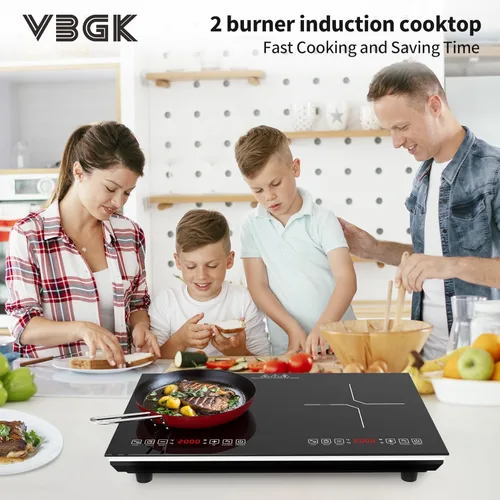 Vista 2 de VBGK Placa de cocción de doble inducción, quemador eléctrico de 110 V 4000 W, placa caliente de 2 quemadores con sensor LED táctil, ahorro