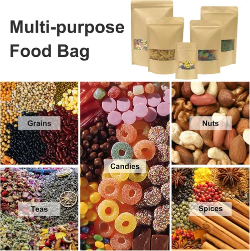 Vista 7 de SumDirect Bolsas de pie de estraza – 50 bolsas de papel kraft resellables con ventana, bolsas de almacenamiento de alimentos con cremallera