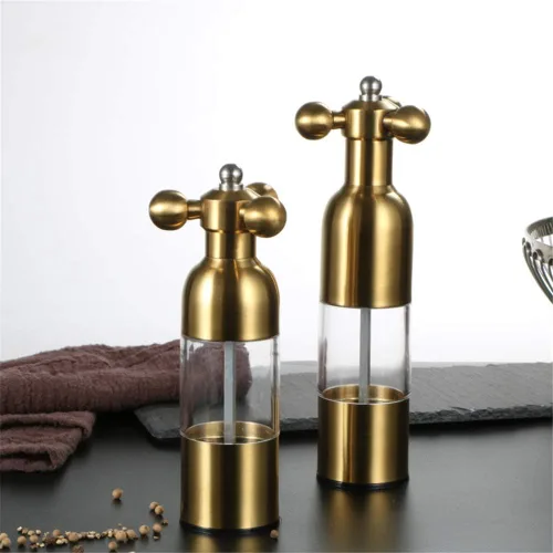 Vista 2 de Molinillo de sal y pimienta, grifo manual de acero inoxidable con asa, grosor ajustable recargable, para el hogar, restaurante, barbacoa, dorado, S