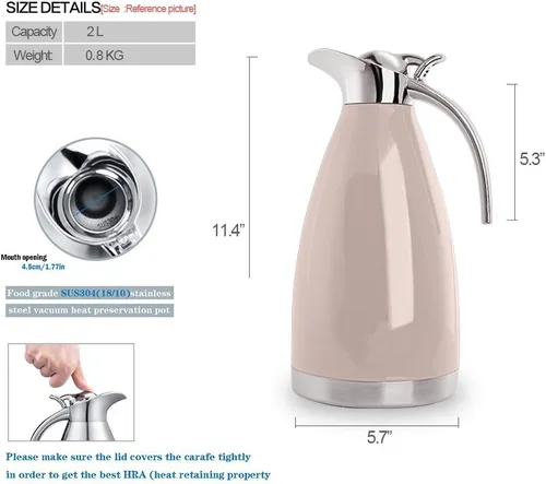 Vista 9 de Bonnoces Jarra térmica de acero inoxidable de 68 onzas – Termo/jarra aislada al vacío de doble pared con tapa – Jarra de café/té retención de calor