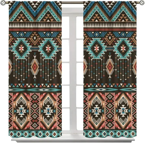 Vista 252 de Cortinas con patrón geométrico tribal, estilo suroeste, azteca, rústico, occidental, nativo americano, opacas, con bolsillo para barra, decoración