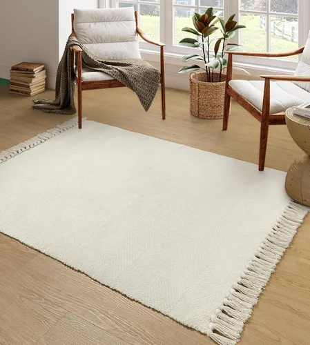 Vista 86 de Collive - Tapete de pasillo de cocina, 2 x 4.3 pies, tejido a mano, reversible, lavable, de algodón, color blanco/beige, para baño, pasillo