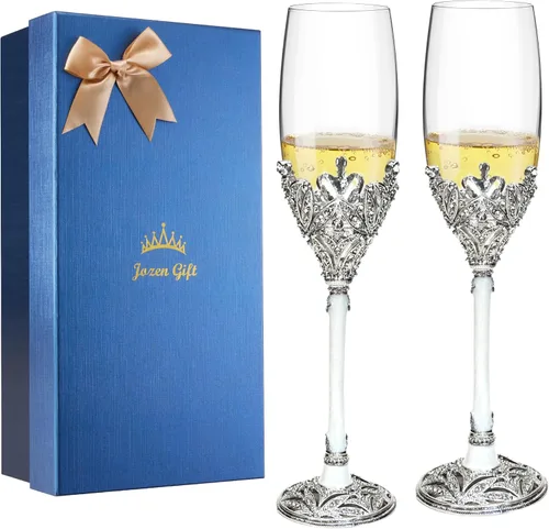 Vista 11 de Copas de champán plateadas - Para él y ella, copas de brindis de boda para celebraciones de compromiso, despedida de soltera y idea para lista