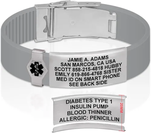 Vista 281 de Divoti Pulsera de identificación de alerta médica grabada personalizada, grabado láser de doble cara, pulsera de silicona, cierre de seguridad