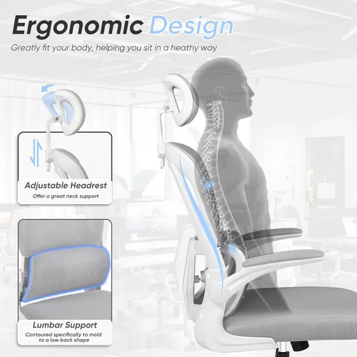 Vista 6 de JUMMICO Silla de oficina ergonómica, silla de escritorio con respaldo alto con reposacabezas ajustables y brazos abatibles, silla de computadora