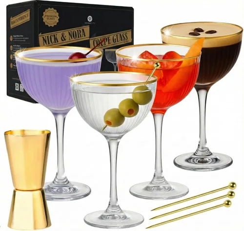 Vista 10 de VEMACITY - Juego de vasos de Martini de café expreso acanalado de 4 a 8 onzas con borde dorado con cuchara de bar y jigger - Para margaritas, cosmos
