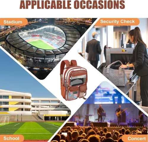 Vista 7 de Vangue Mochila transparente de TPU aprobada para estadios, resistente y con correas acolchadas para eventos deportivos universitarios, Marrón, Bolsa