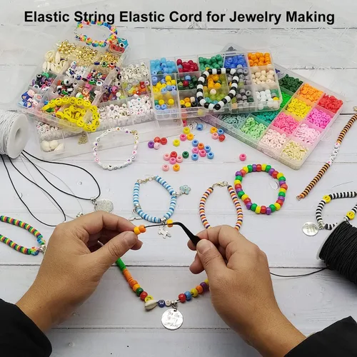 Vista 7 de Cuerda elástica para pulseras, 1 mm x 100,6 metros de cordón elástico resistente para hacer joyas, collares, cuentas - Negro