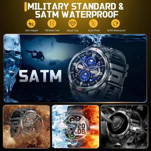 Vista 2 de Reloj inteligente militar para hombre con batería de 1100 mAh/linterna LED, reloj inteligente táctico resistente de 1.7 pulgadas con texto
