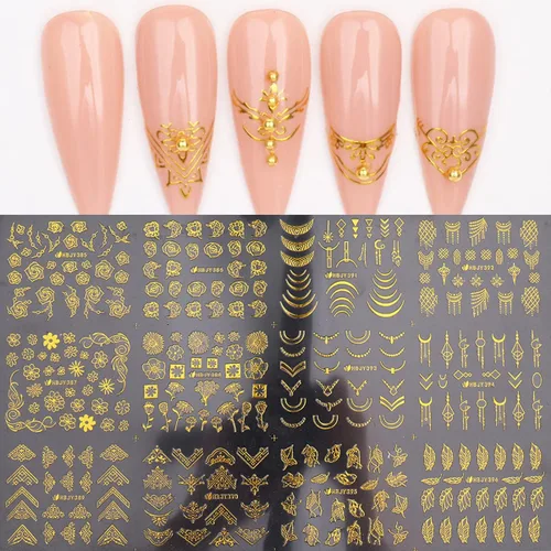 Vista 7 de Calcomanías doradas para arte de uñas, calcomanías de uñas de flores 3D, calcomanías autoadhesivas metálicas para uñas, hojas doradas, suministros